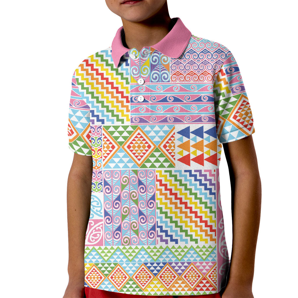 Aotearoa Kowhaiwhai Taniko Patchwork Rainbow Motifs Kid Polo Shirt