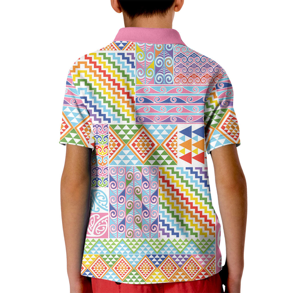 Aotearoa Kowhaiwhai Taniko Patchwork Rainbow Motifs Kid Polo Shirt