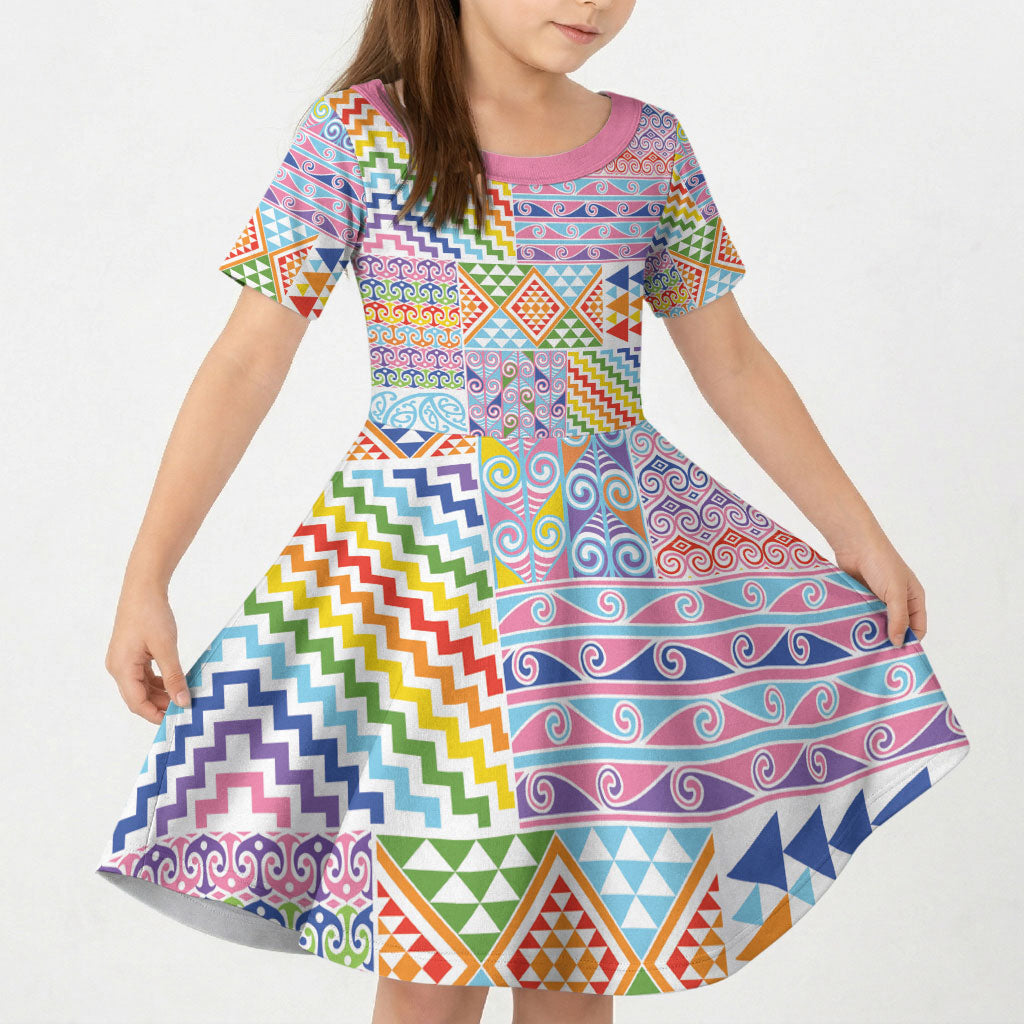 Aotearoa Kowhaiwhai Taniko Patchwork Rainbow Motifs Kid Short Sleeve Dress