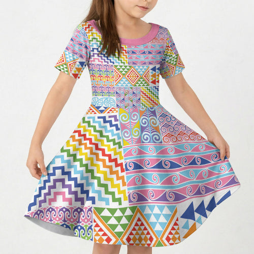 Aotearoa Kowhaiwhai Taniko Patchwork Rainbow Motifs Kid Short Sleeve Dress