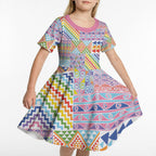 Aotearoa Kowhaiwhai Taniko Patchwork Rainbow Motifs Kid Short Sleeve Dress