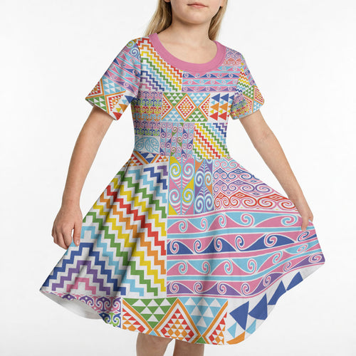 Aotearoa Kowhaiwhai Taniko Patchwork Rainbow Motifs Kid Short Sleeve Dress
