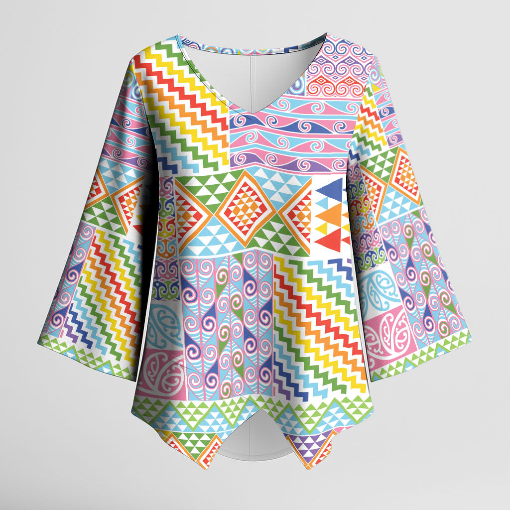 Aotearoa Kowhaiwhai Taniko Patchwork Rainbow Motifs Kimono Sleeve Blouse