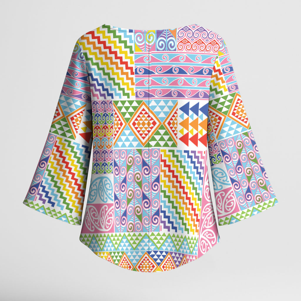 Aotearoa Kowhaiwhai Taniko Patchwork Rainbow Motifs Kimono Sleeve Blouse