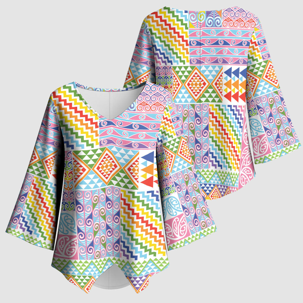 Aotearoa Kowhaiwhai Taniko Patchwork Rainbow Motifs Kimono Sleeve Blouse