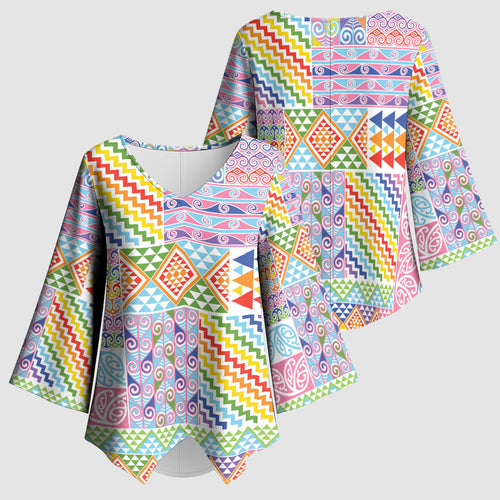 Aotearoa Kowhaiwhai Taniko Patchwork Rainbow Motifs Kimono Sleeve Blouse