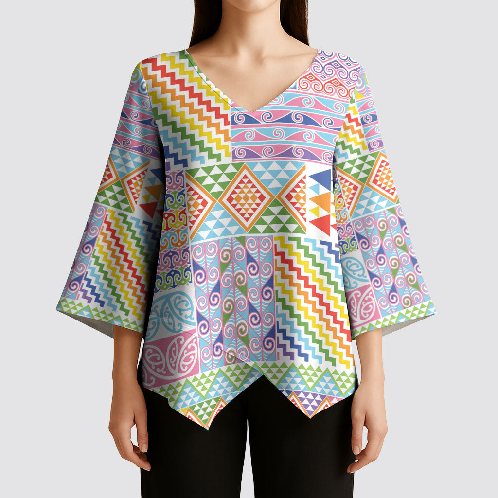 Aotearoa Kowhaiwhai Taniko Patchwork Rainbow Motifs Kimono Sleeve Blouse