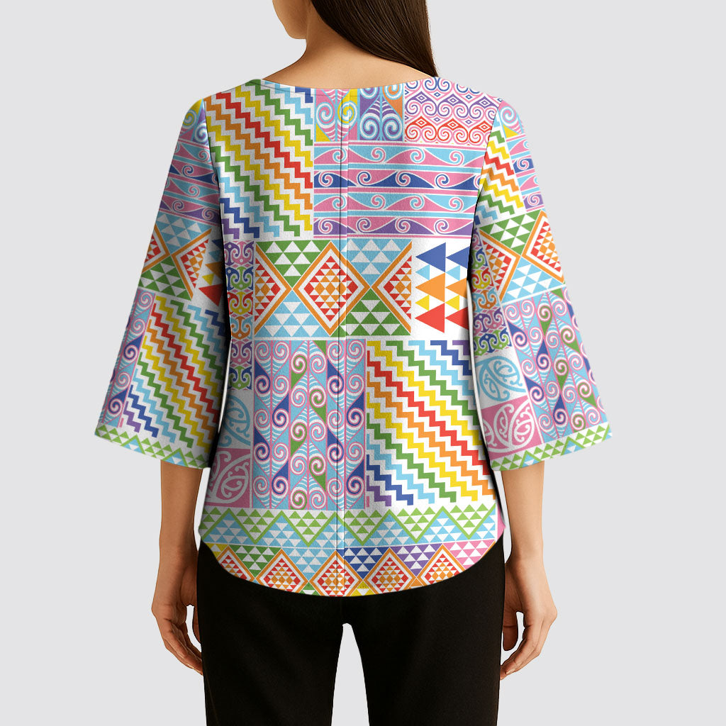 Aotearoa Kowhaiwhai Taniko Patchwork Rainbow Motifs Kimono Sleeve Blouse