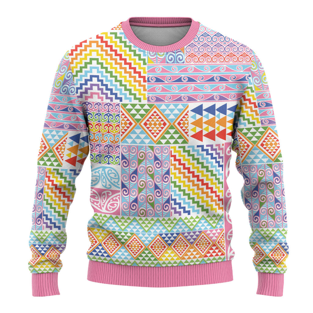 Aotearoa Kowhaiwhai Taniko Patchwork Rainbow Motifs Ugly Christmas Sweater