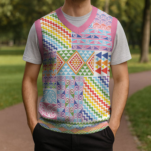 Aotearoa Kowhaiwhai Taniko Patchwork Rainbow Motifs Christmas Knitted V-Neck Vest