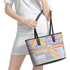 Aotearoa Kowhaiwhai Taniko Patchwork Rainbow Motifs Leather Tote Bag