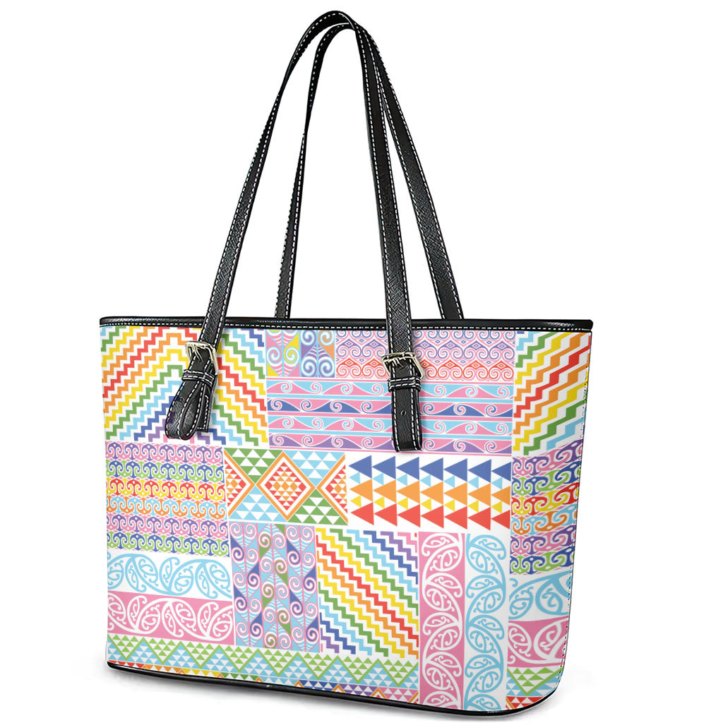 Aotearoa Kowhaiwhai Taniko Patchwork Rainbow Motifs Leather Tote Bag