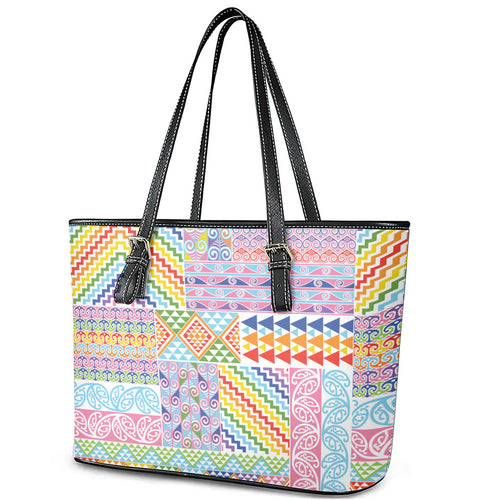 Aotearoa Kowhaiwhai Taniko Patchwork Rainbow Motifs Leather Tote Bag