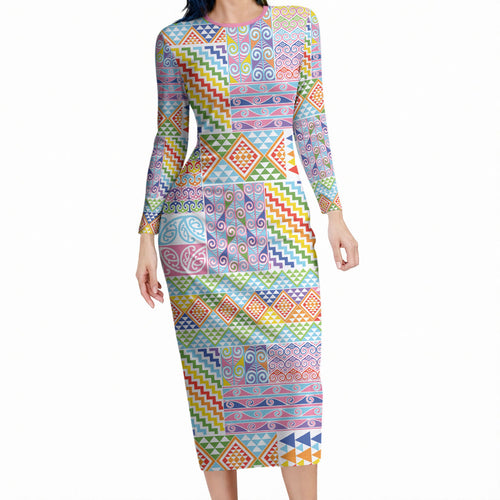 Aotearoa Kowhaiwhai Taniko Patchwork Rainbow Motifs Long Sleeve Bodycon Dress