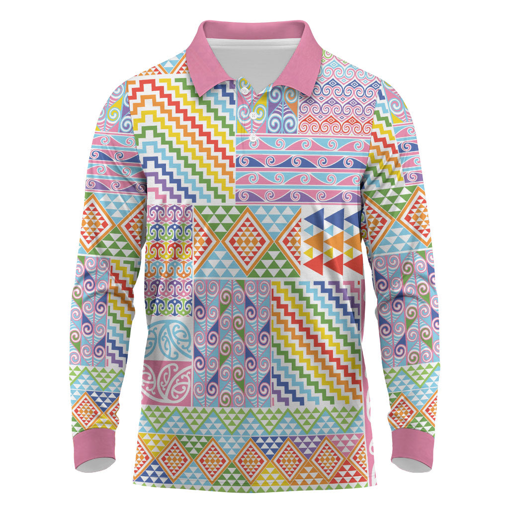 Aotearoa Kowhaiwhai Taniko Patchwork Rainbow Motifs Long Sleeve Polo Shirt