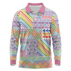 Aotearoa Kowhaiwhai Taniko Patchwork Rainbow Motifs Long Sleeve Polo Shirt