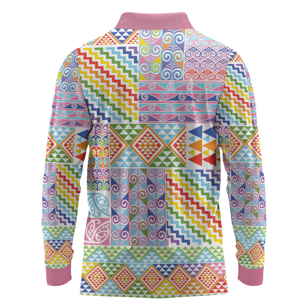 Aotearoa Kowhaiwhai Taniko Patchwork Rainbow Motifs Long Sleeve Polo Shirt