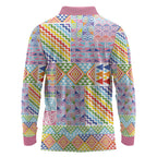 Aotearoa Kowhaiwhai Taniko Patchwork Rainbow Motifs Long Sleeve Polo Shirt