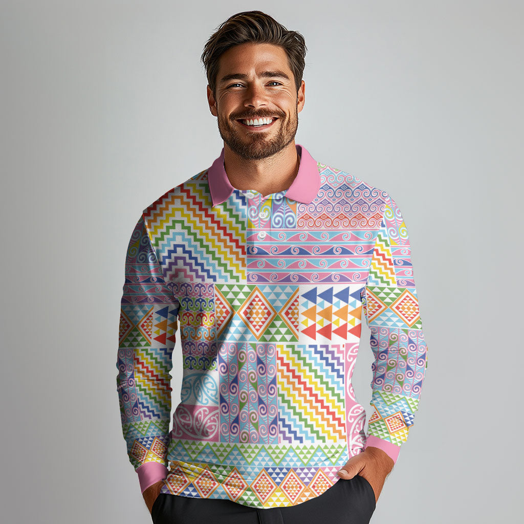 Aotearoa Kowhaiwhai Taniko Patchwork Rainbow Motifs Long Sleeve Polo Shirt