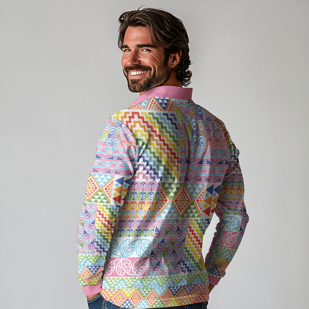 Aotearoa Kowhaiwhai Taniko Patchwork Rainbow Motifs Long Sleeve Polo Shirt