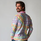 Aotearoa Kowhaiwhai Taniko Patchwork Rainbow Motifs Long Sleeve Polo Shirt