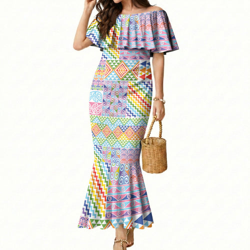 Aotearoa Kowhaiwhai Taniko Patchwork Rainbow Motifs Mermaid Dress