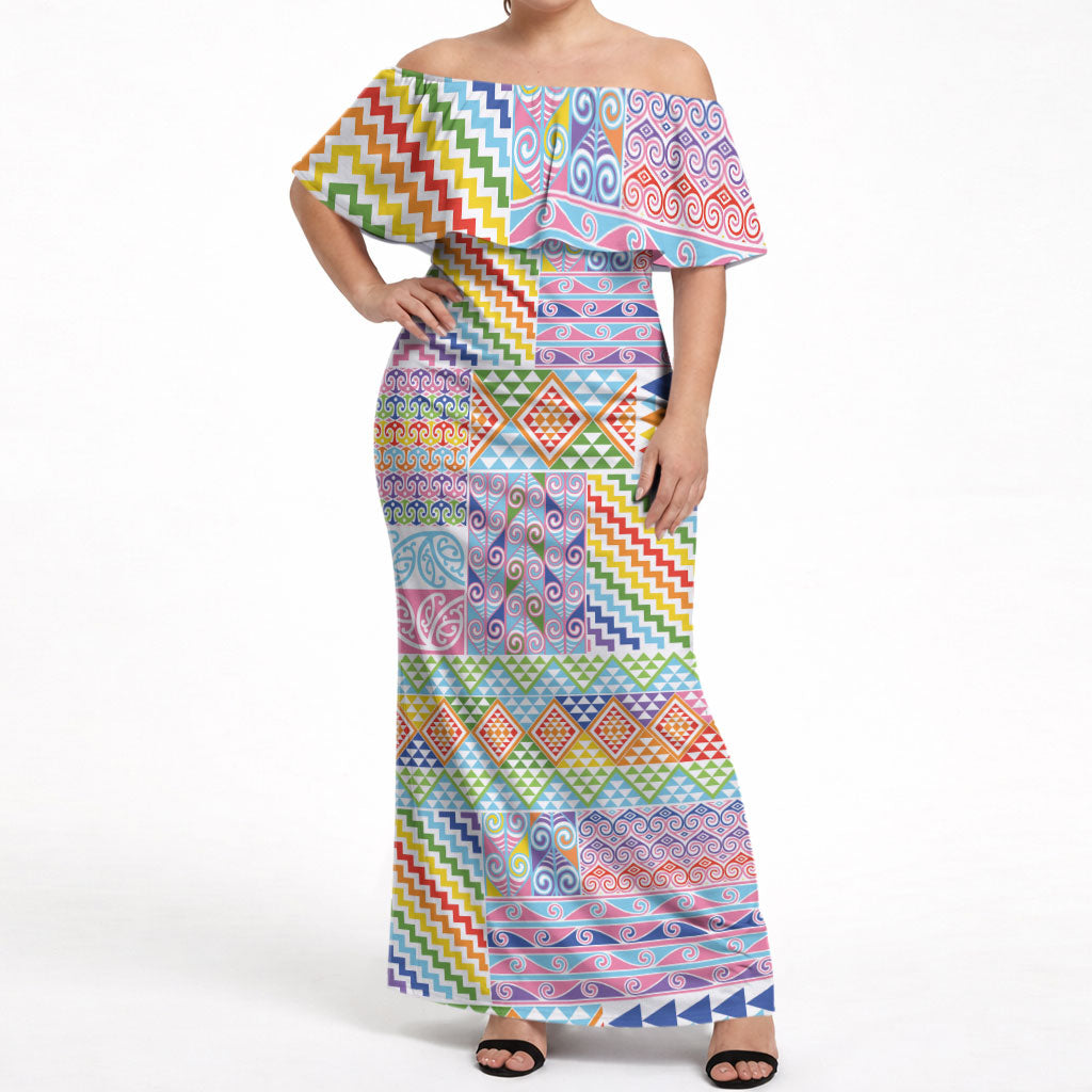 Aotearoa Kowhaiwhai Taniko Patchwork Rainbow Motifs Off Shoulder Maxi Dress