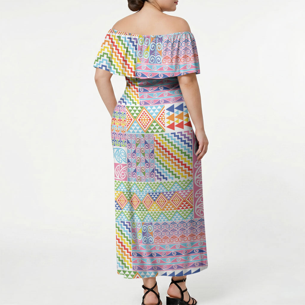 Aotearoa Kowhaiwhai Taniko Patchwork Rainbow Motifs Off Shoulder Maxi Dress