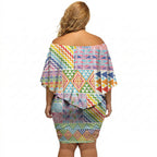 Aotearoa Kowhaiwhai Taniko Patchwork Rainbow Motifs Off Shoulder Short Dress