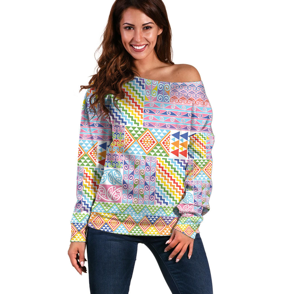 Aotearoa Kowhaiwhai Taniko Patchwork Rainbow Motifs Off Shoulder Sweater