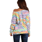 Aotearoa Kowhaiwhai Taniko Patchwork Rainbow Motifs Off Shoulder Sweater