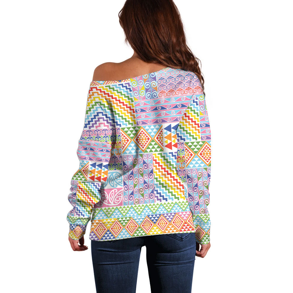 Aotearoa Kowhaiwhai Taniko Patchwork Rainbow Motifs Off Shoulder Sweater