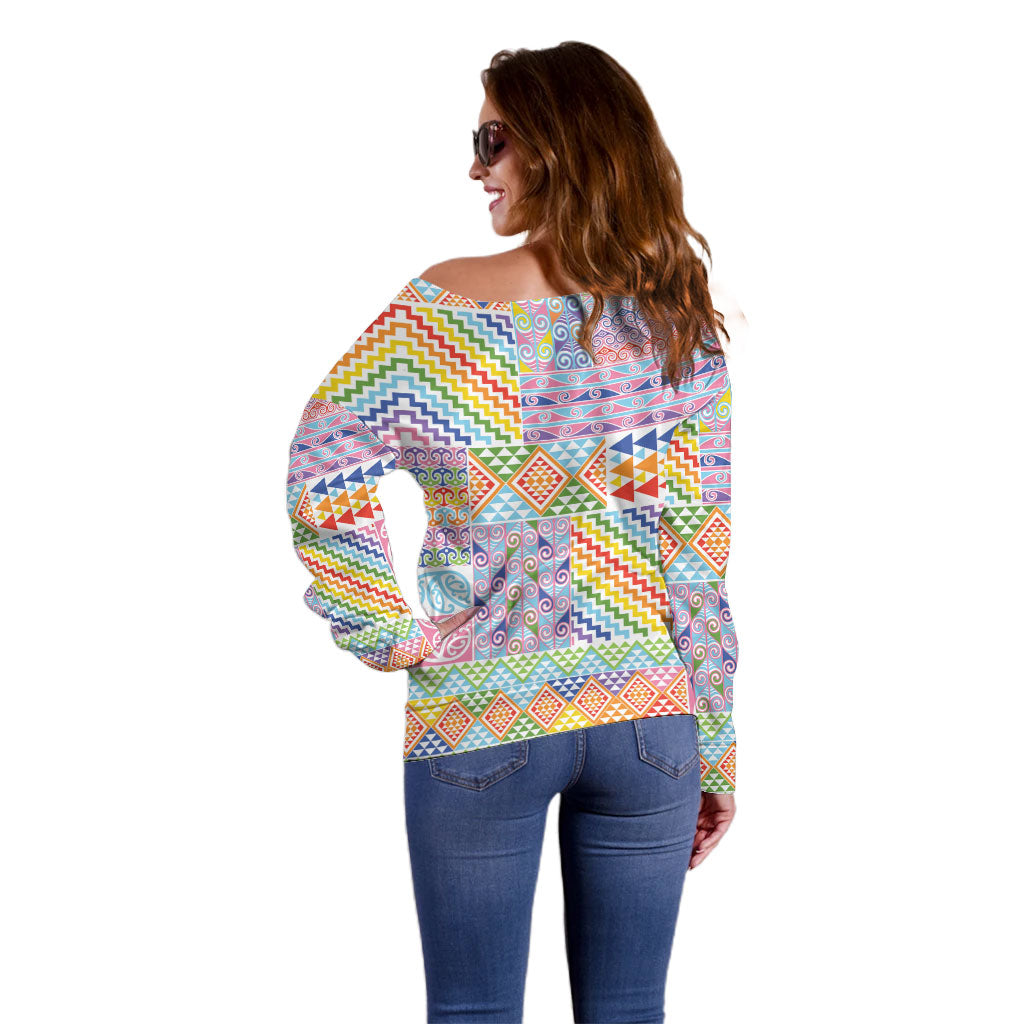 Aotearoa Kowhaiwhai Taniko Patchwork Rainbow Motifs Off Shoulder Sweater