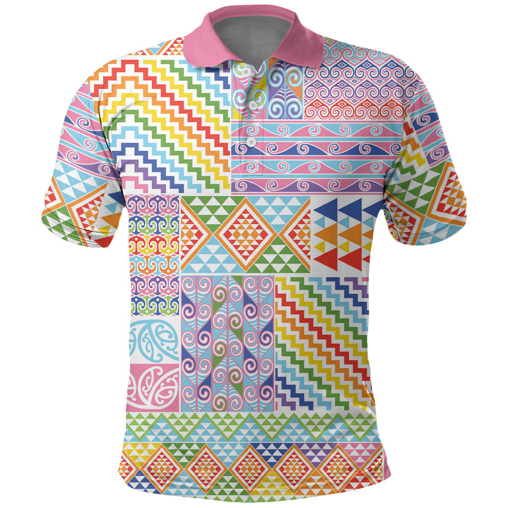 Aotearoa Kowhaiwhai Taniko Patchwork Rainbow Motifs Polo Shirt