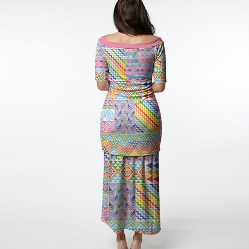 Aotearoa Kowhaiwhai Taniko Patchwork Rainbow Motifs Puletasi