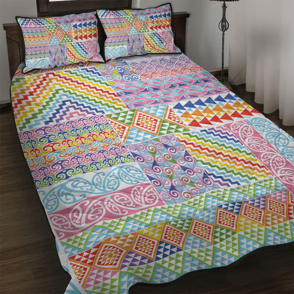 Aotearoa Kowhaiwhai Taniko Patchwork Rainbow Motifs Quilt Bed Set