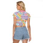 Aotearoa Kowhaiwhai Taniko Patchwork Rainbow Motifs Raglan Cropped T Shirt