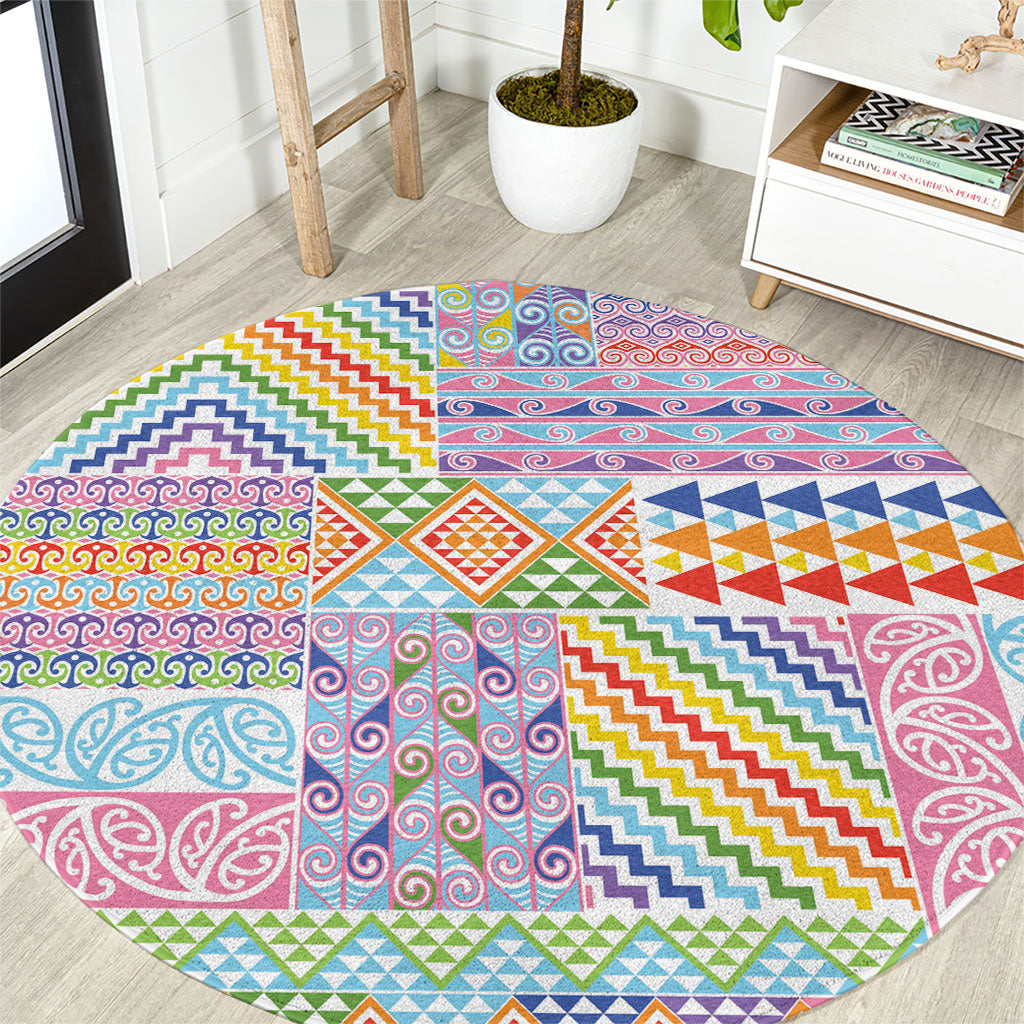 Aotearoa Kowhaiwhai Taniko Patchwork Rainbow Motifs Round Carpet