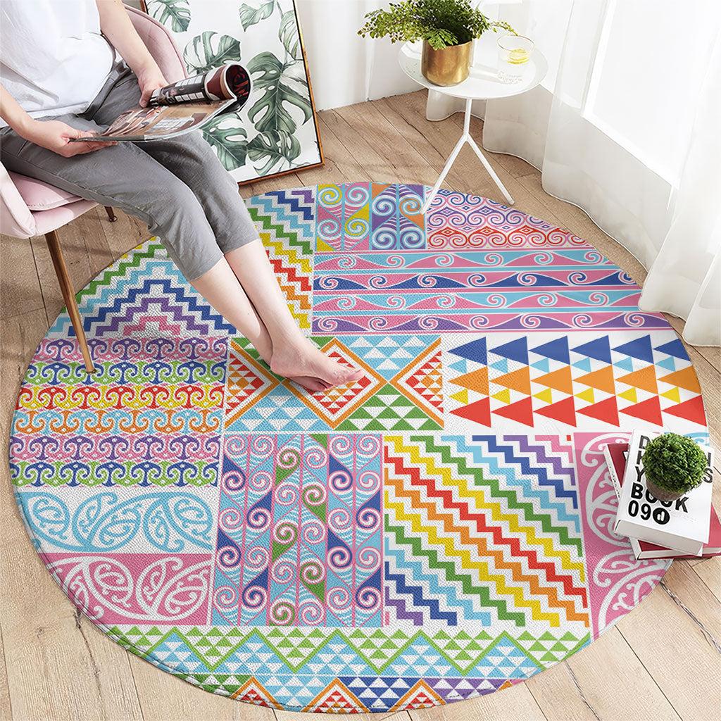 Aotearoa Kowhaiwhai Taniko Patchwork Rainbow Motifs Round Carpet