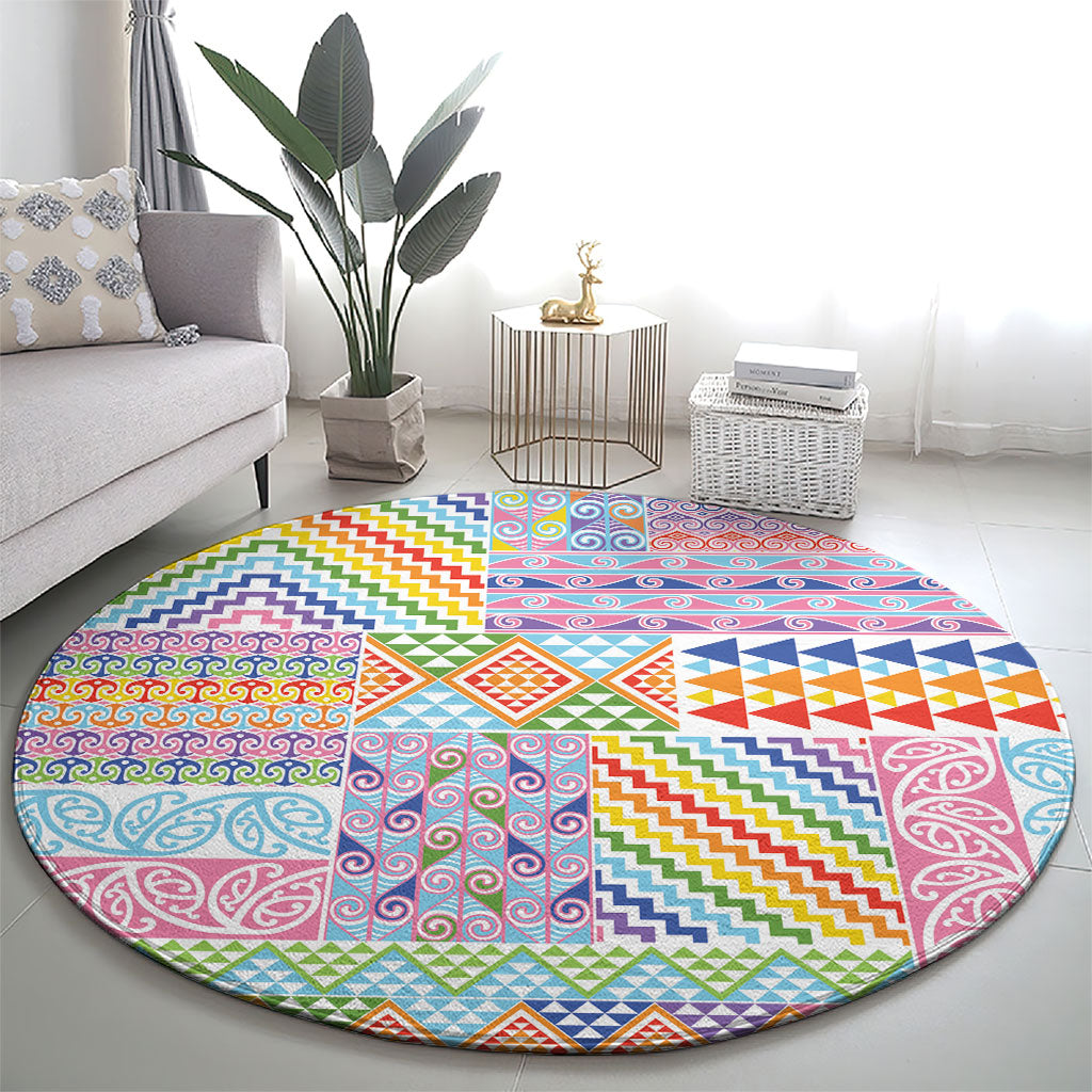 Aotearoa Kowhaiwhai Taniko Patchwork Rainbow Motifs Round Carpet