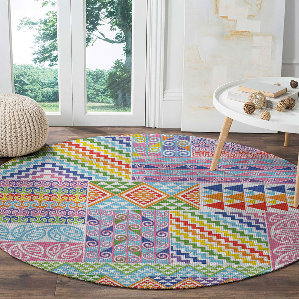 Aotearoa Kowhaiwhai Taniko Patchwork Rainbow Motifs Round Carpet