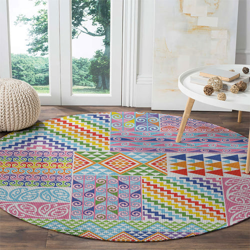 Aotearoa Kowhaiwhai Taniko Patchwork Rainbow Motifs Round Carpet