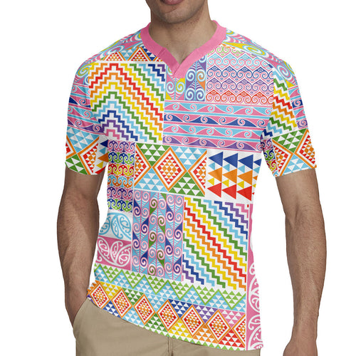 Aotearoa Kowhaiwhai Taniko Patchwork Rainbow Motifs Rugby Jersey