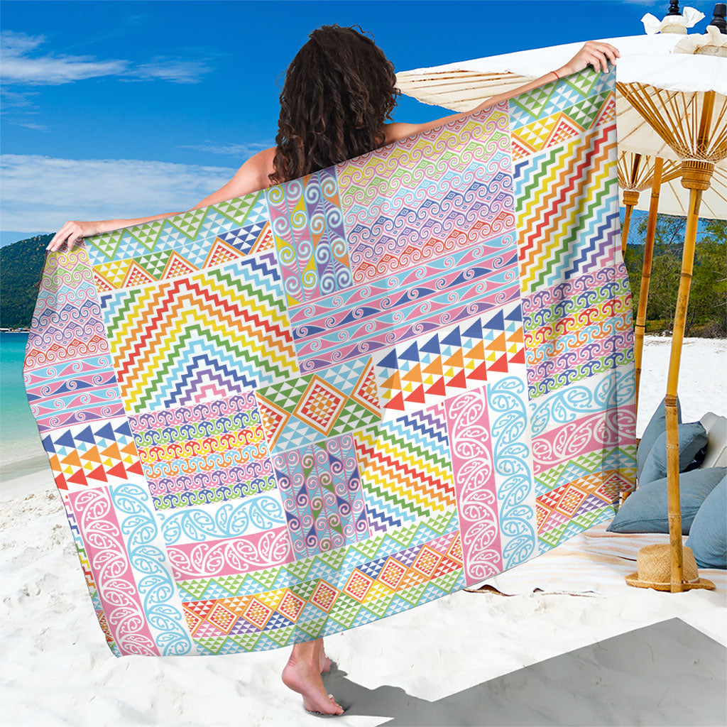 Aotearoa Kowhaiwhai Taniko Patchwork Rainbow Motifs Sarong