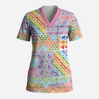 Aotearoa Kowhaiwhai Taniko Patchwork Rainbow Motifs Scrub Top