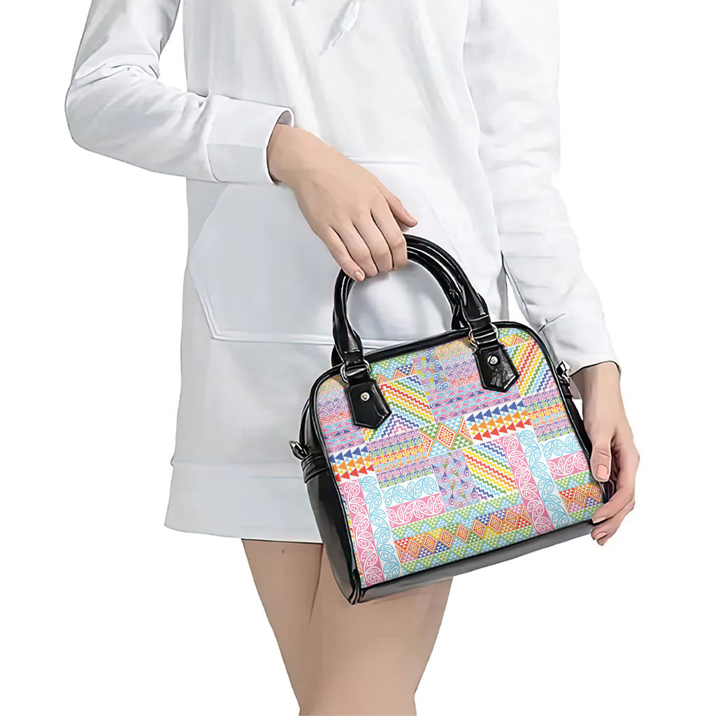 Aotearoa Kowhaiwhai Taniko Patchwork Rainbow Motifs Shoulder Handbag