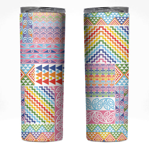 Aotearoa Kowhaiwhai Taniko Patchwork Rainbow Motifs Skinny Tumbler