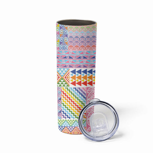 Aotearoa Kowhaiwhai Taniko Patchwork Rainbow Motifs Skinny Tumbler