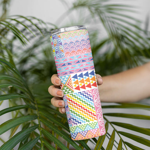 Aotearoa Kowhaiwhai Taniko Patchwork Rainbow Motifs Skinny Tumbler
