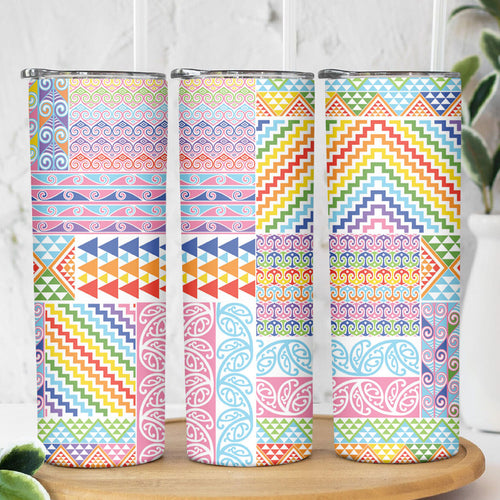 Aotearoa Kowhaiwhai Taniko Patchwork Rainbow Motifs Skinny Tumbler